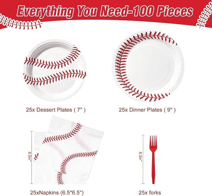 100 Pcs Disposable Baseball Party Tableware Set - Image 2