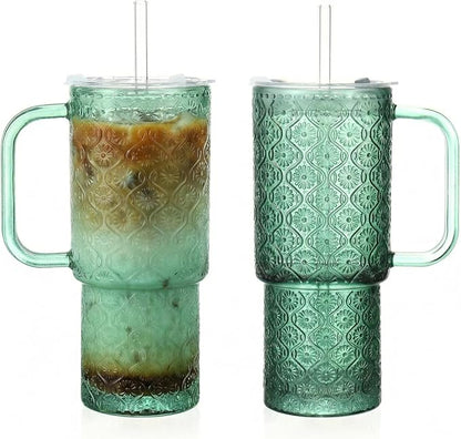 20 oz Green Glass Tumbler with Lid and Straw, Glass Iced Coffee Cups, by Unknown