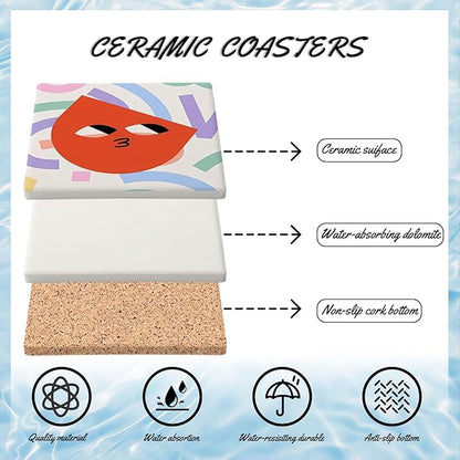 MAYCARI Cartoon Funny Grimace Face Coasters Set of 6 Cork Backed Cute Coasters with Metal Holder Original Ceramic Surface Drink Cup Mats for Tabletop Protection Modern Desk Decoration Birthday Gifts