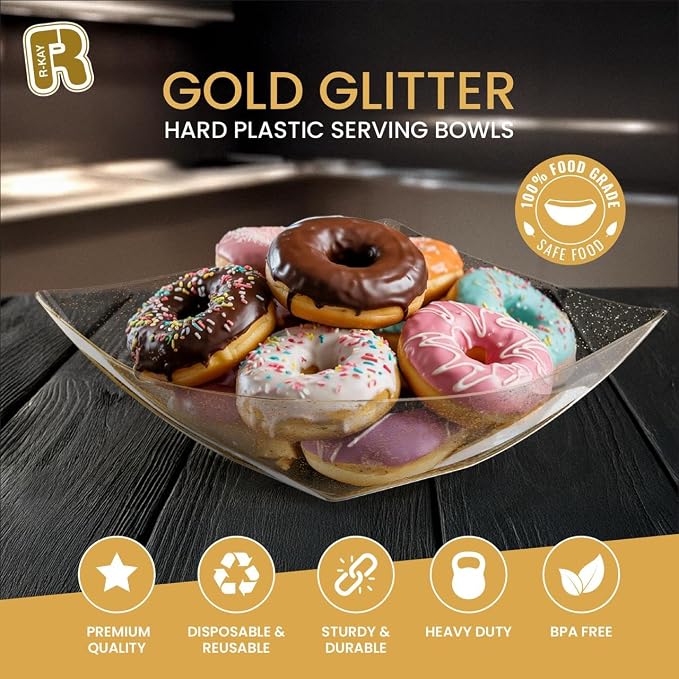 R-kay 6 Pack Plastic Serving Bowls - 64 OZ Gold Glitter Bowls - Salad Bowls - Image 3
