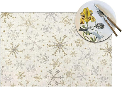 Christmas Place mats Set of 4, 12x18 Inches Gold Gray Snowflake Decorative Placemats Rectangle Winter Table Mats for Party Home Kitchen Dining Table Decoration