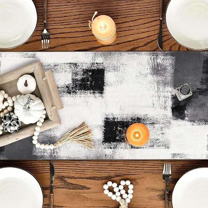 OYIMUA Dark Grey and White Abstract Modern Table Runner, Art Rustic Kitchen - Image 2