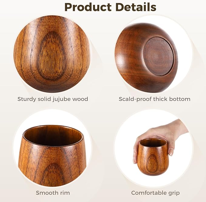 10 Pcs Wooden Tea Cups Top Grade Natural Solid Wood Tea Cup, Natural Solid Wood - Image 3