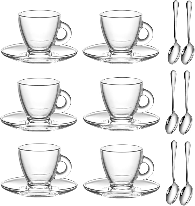 Espresso Cups with Saucers and Spoons Set of 6, Glass Demitasse Cups by GURUDAR