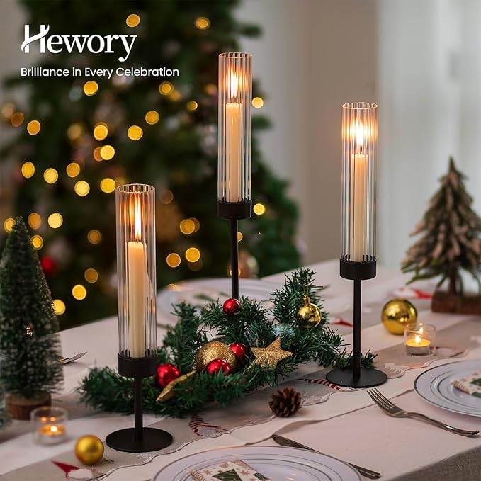 Hewory Black Taper Candle Holders: Candlestick Holders Set of 6 Hurricane Glass Tall Candle Holder for Candlesticks Candle Sticks Holder Decor for Table Centerpiece Wedding Party Christmas Decorations