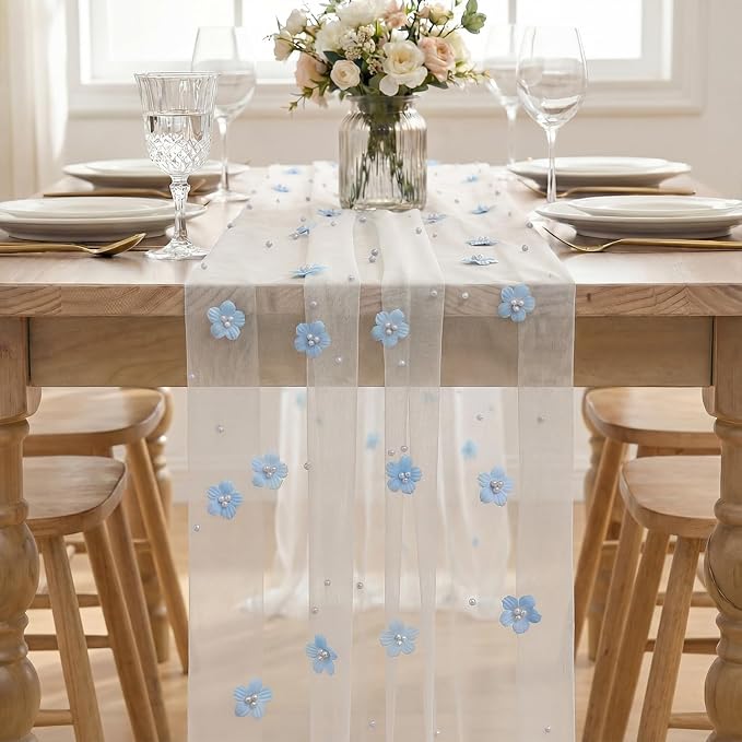 Artoid Mode Blue Flower Pearl White Gauze Table Runner 10FT, Seasonal Sheer - Image 2