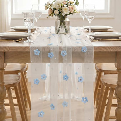 Artoid Mode Blue Flower Pearl White Gauze Table Runner 10FT, Seasonal Sheer - Image 2
