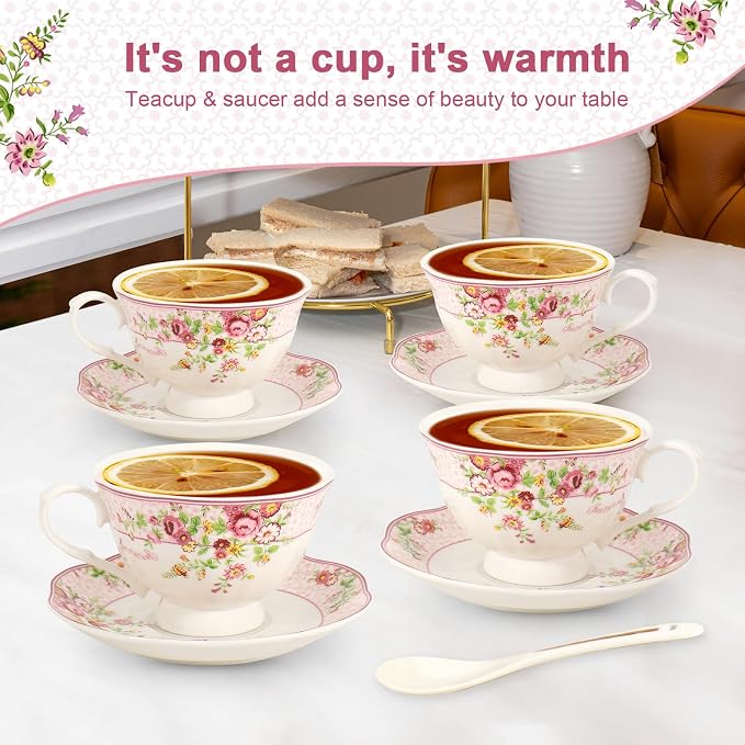 Cup and Saucer Sets of 6 with Spoon, 8oz Ceramic Tea Cups Saucers Set Porcelain - Image 2