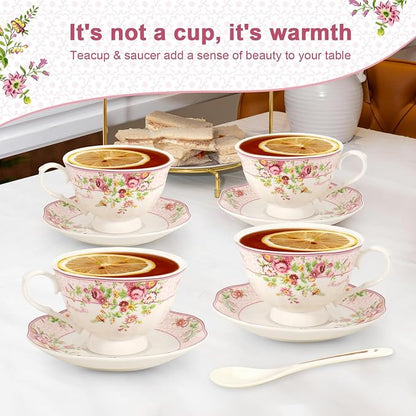 Cup and Saucer Sets of 6 with Spoon, 8oz Ceramic Tea Cups Saucers Set Porcelain - Image 2