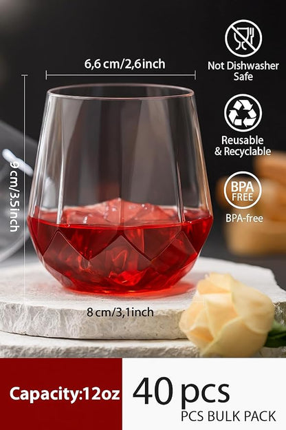 Oojami 40 Pack Disposable Plastic Wine Glasses 12 oz Diamond - Image 2