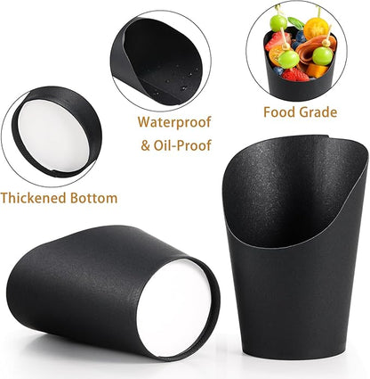 Disposable Charcuterie Cups 120 PCS with 200PCS Sticks and 120PCS Bags, 14 oz Kraft Paper Snack Boxes Appetizers Cup French Fry Holder with Cocktail Skewers Toothpicks Tooth Picks, Black