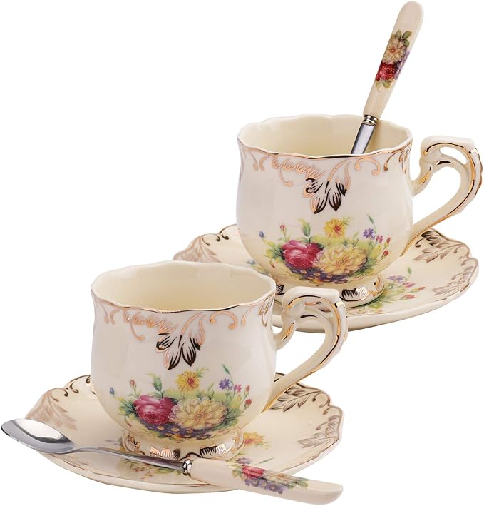 Foraineam Set of 2 Tea Cup and Saucer, 8 oz. Flowering Shrubs Ivory Ceramic by Foraineam