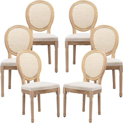 Vintage French Rattan Dining Chairs Set of 6, Solid Wood Frame with Round Rattan Back and Linen Upholstered Seat, Farmhouse Accent Sillas de Comedor Side Chairs for Dining Room & Kitchen, Beige