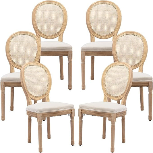 Vintage French Rattan Dining Chairs Set of 6, Solid Wood Frame with Round Rattan Back and Linen Upholstered Seat, Farmhouse Accent Sillas de Comedor Side Chairs for Dining Room & Kitchen, Beige