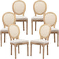 Vintage French Rattan Dining Chairs Set of 6, Solid Wood Frame with Round Rattan Back and Linen Upholstered Seat, Farmhouse Accent Sillas de Comedor Side Chairs for Dining Room & Kitchen, Beige