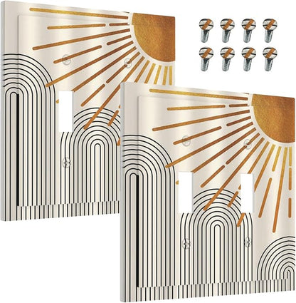 Decorative Light Switch Cover Mid Century Boho Sun Beige Minimalist Abstract 2 Gang Wall Plate Double Toggle Switch Plate Receptacle Electrical Outlet Cover Switchplate for Bathroom Bedroom（2 Pack）