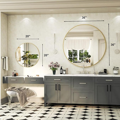 36 Inch Round Bathroom Mirror - Gold Wall Mounted Circle Mirror with Metal Frame, Modern Round Hanging Mirror Suitable for Bathroom, Vanity, Entryway, Living Room
