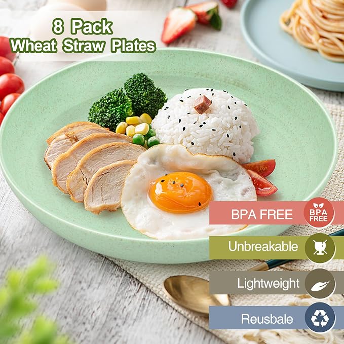 10 Inch Wheat Straw Dinner Plates Set of 8, Unbreakable Plastic Reusable Plates - Image 2