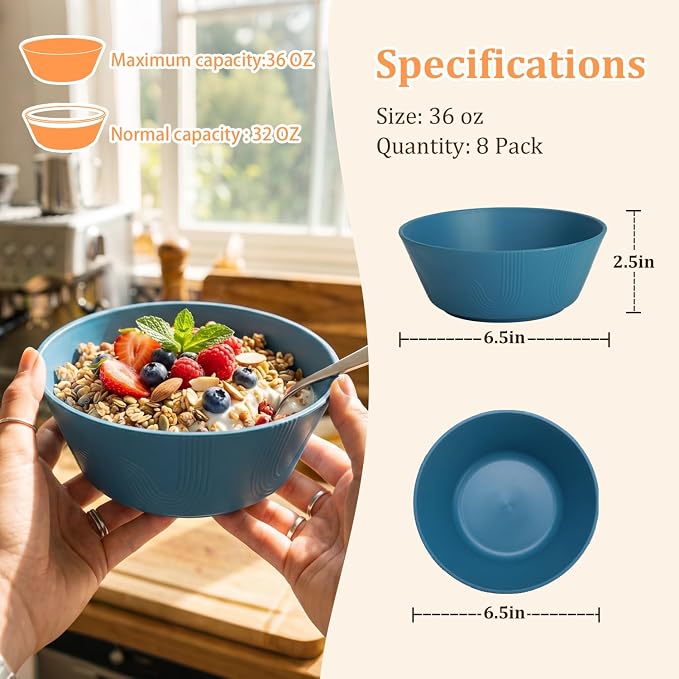 PYRMONT Large Cereal Bowls 36 OZ Wheat Straw Bowls Set of 8 Alternative Plastic - Image 2