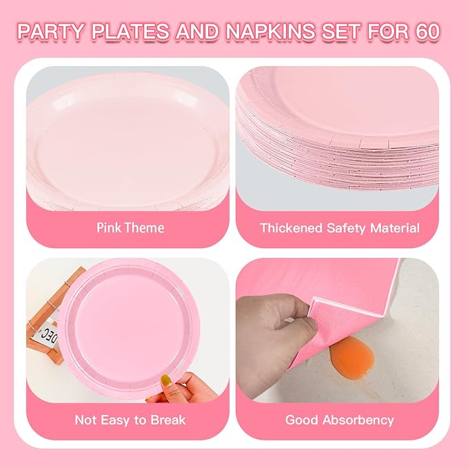 180Pcs Pink Party Supplies Paper Plates and Napkins Serve 60 | Disposable - Image 3