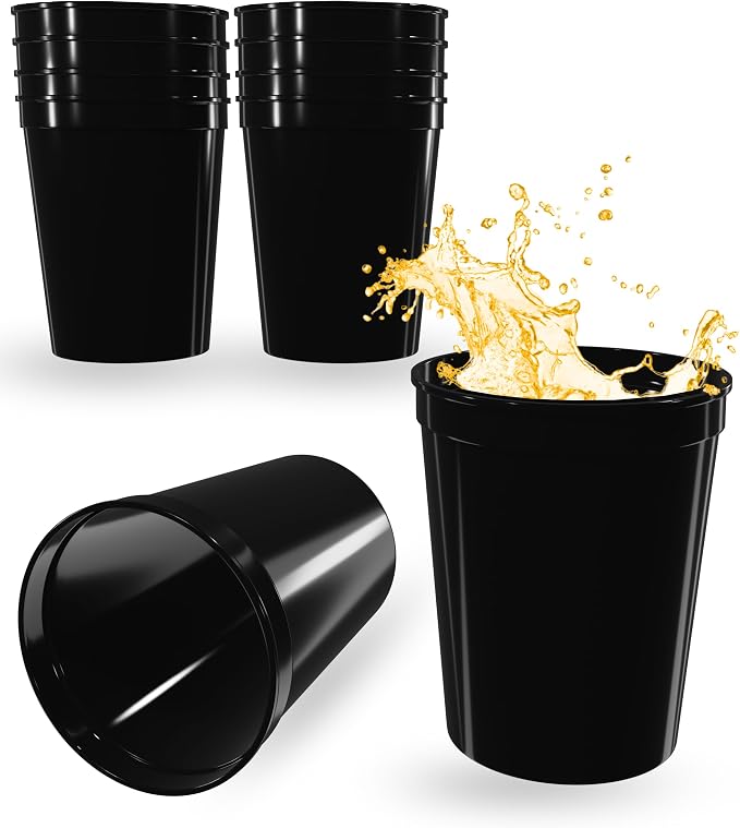 PartyPrints 10 Pack 16 oz Black Reusable Blank Plastic Cups, Stadium Cups Bulk by PartyPrints