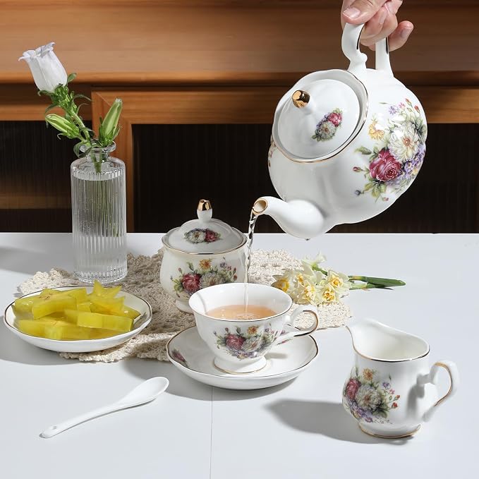 Sweejar Porcelain Tea Set Vintage Floral, British Relief Gold Rim Teapot Cup - Image 4
