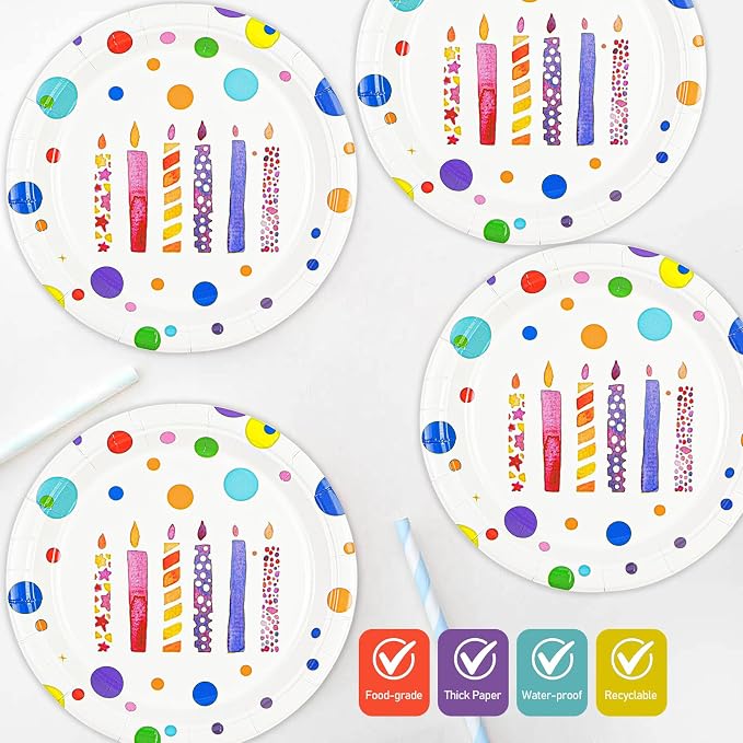Birthday Plates & Napkins, Colorful Dots, 7 Inch, Disposable Paper Dinnerware - Image 4
