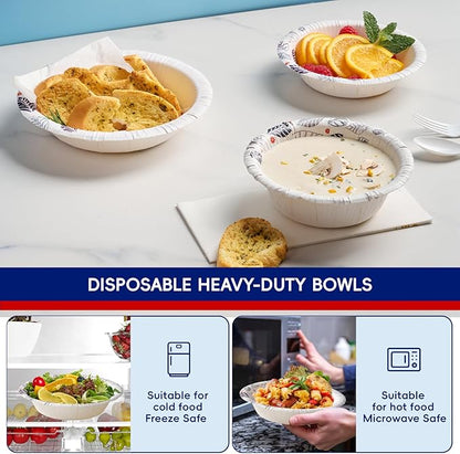 JOLLY CHEF 160 Count Paper Bowls 20 oz Soak Proof and Cut Proof Microwave Safe Heavy Duty Leaf Printed Disposable Bowls for Dinner or Thanksgiving