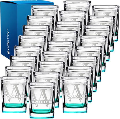 Personalized Square Shot Glasses Set of 25 Teal Bottom 2oz Engraved Initial and Name Custom Gifts, Weddings, Birthdays, Party, Event, Decorations