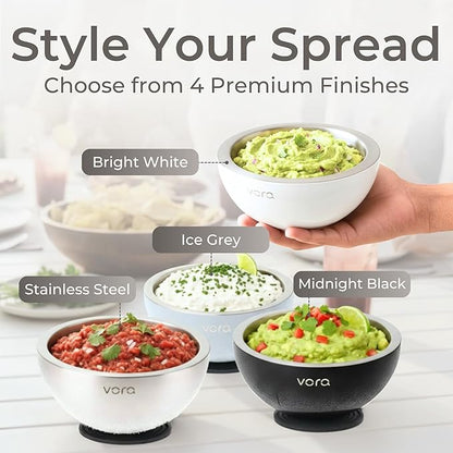 Vora 18oz Dip Chiller Bowl | Bright White Stainless Steel Chilled Dip Bowl for Dips, Guacamole, Hummus, Salsa | Insulated Serving Dishes with Easiest Water Fill & Refillable Chamber
