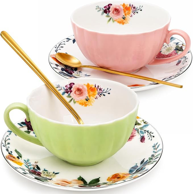 Lyellfe Set of 2 Tea Cup and Saucers, 8 Oz Floral Tea Cups by Lyellfe