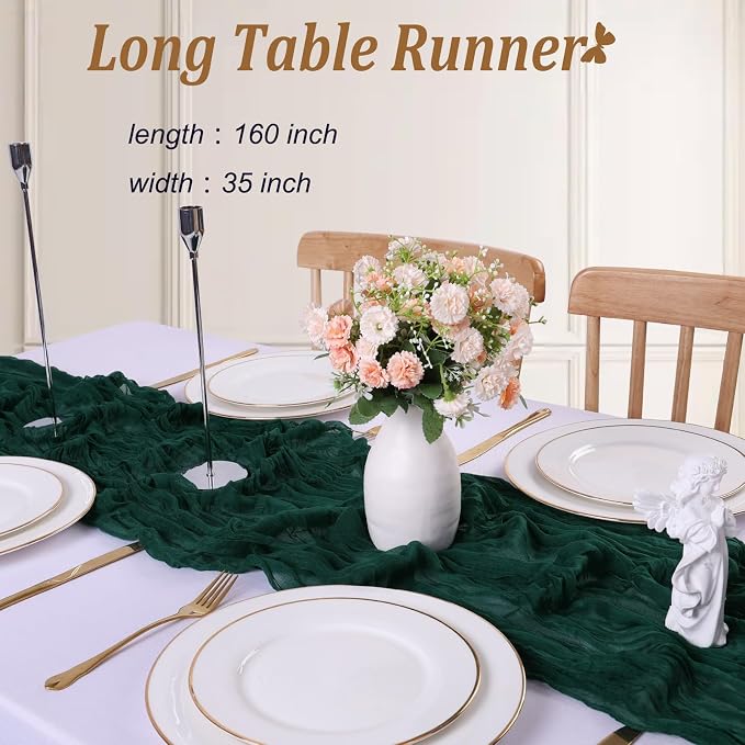 Dark Green Cheesecloth Table Runner 157 Inch Long Boho Table Runner Vintage - Image 2