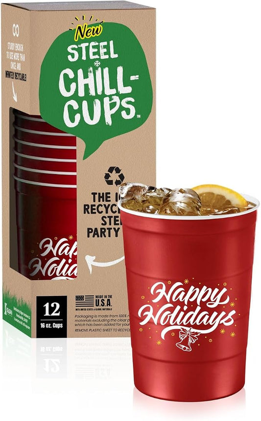 Steel Chill Cups 16 oz. Reusable Party Cups, Happy Holidays, 100% recyclable by SteelChillCups