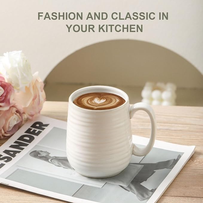 HASENSE Coffee Mugs Set of 6, 15 oz Ceramic Coffee Cups, Clay-Infused White | - Image 7