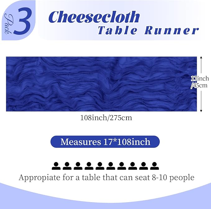 3 Pack Royal Blue Cheesecloth Table Runner, 17 x 108 Inch, Gauze Cheese Cloth - Image 4