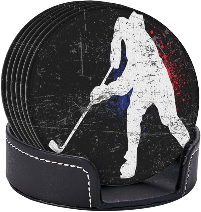 6 Pcs Vintage Ice Hockey Player Leather Coasters - Image 3