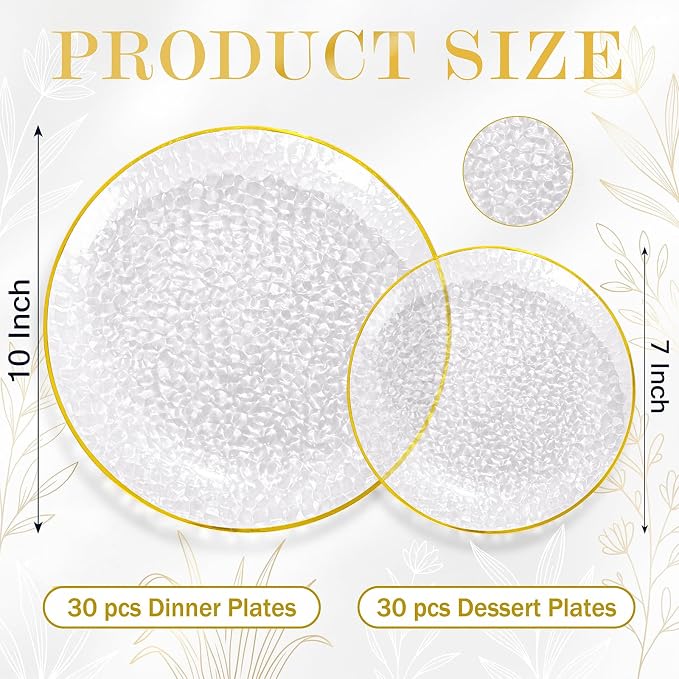 Rubtlamp 60Pcs Clear Plastic Plates, Heavy-duty Gold Plates, Hammered Party - Image 2
