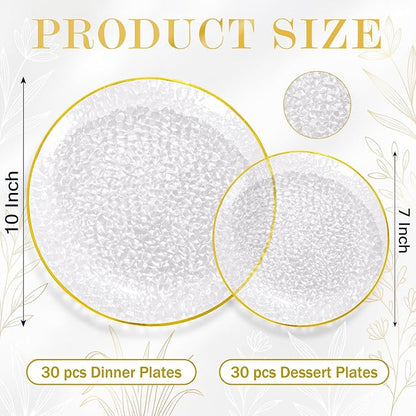 Rubtlamp 60Pcs Clear Plastic Plates, Heavy-duty Gold Plates, Hammered Party - Image 2