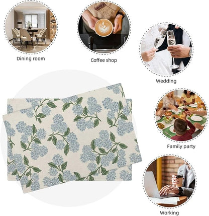 Blue Green Spring Placemats Set of 6 Hydrangea Flower Decor Place Mats 12x18 Inch Vintage Floral Summer Seasonal Decorative Linen Table Mats for Home Kitchen Dining Party Table Decoration
