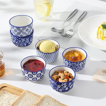 vancasso Selene 4 oz Mini Ceramic Ramekins Set of 6, Oven-Safe Baking Cups for Crème Brûlée, Soufflés, Desserts, Handcrafted Blue and White Patterns