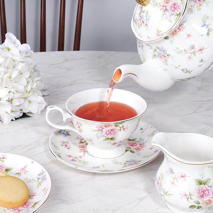 fanquare 21 Pieces Pink Blue Floral Porcelain Tea Set - Image 4