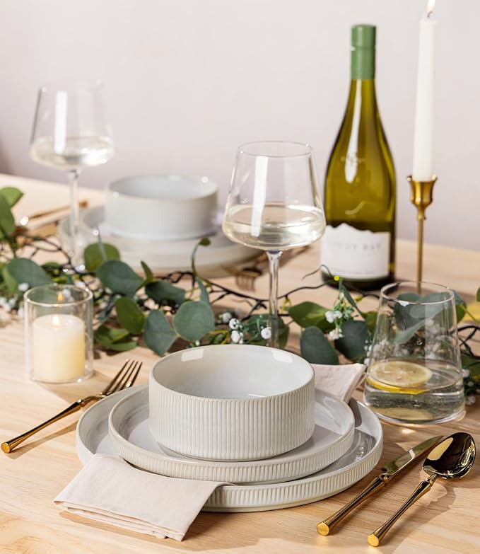 Ceramic Dinnerware Set for 8, 24-Piece Plates and Bowls Set | Lightweight - Image 5