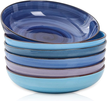 Selamica Porcelain 26 Ounce Salad Pasta Bowls, 8 inch Wide and Shallow Serving bowls, Microwave & Dishwasher Safe, Sturdy & Stackable, Set of 6, Gradient Blue