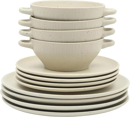 Gibson Elite Clover Hill 12-Piece Stoneware Dinnerware Set – White Cream Embossed Plates and Bowls with Matte Speckled Reactive Glaze, Service for 4 – Microwave & Dishwasher Safe