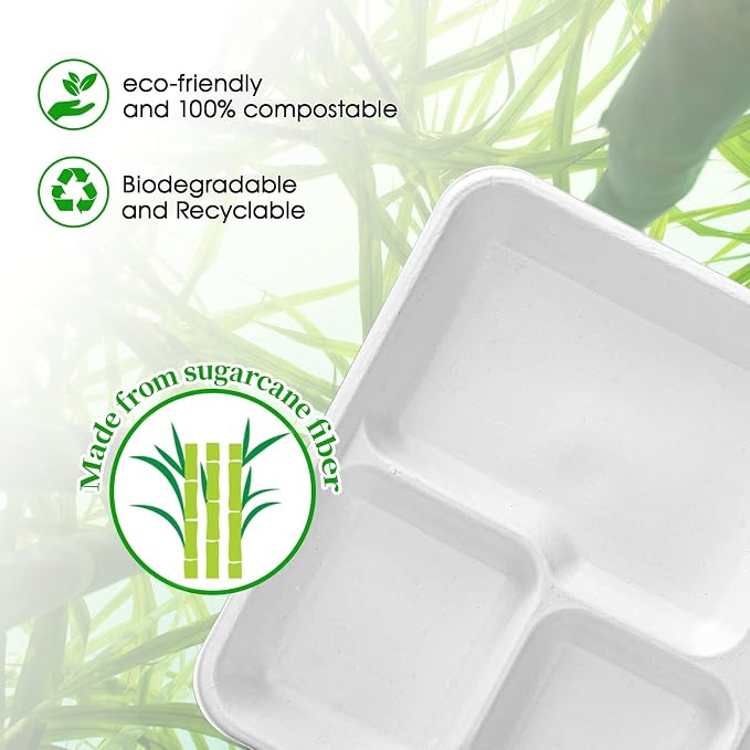 Compostable Disposable 5 Compartment Paper Plates, 10.25inch | 125 Pack - Image 7