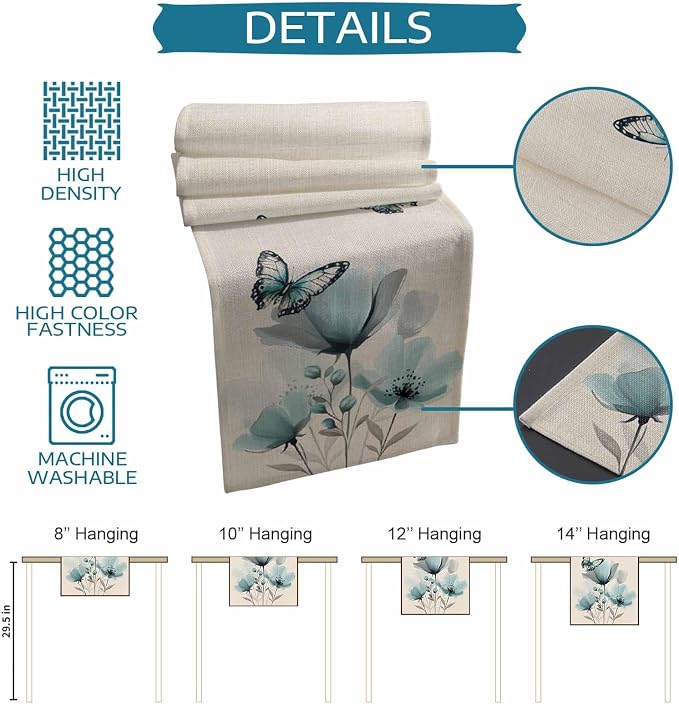 Turquoise Floral Table Runners 36 Inches Long, Spring Flowers Butterfly Table - Image 8
