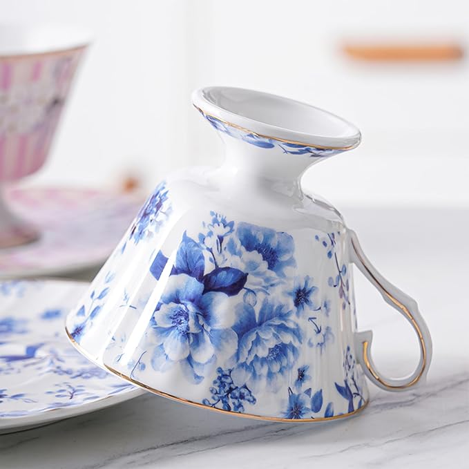 fanquare 5oz Retro Blue and White Roses Tea Cup and Saucer | Vintage Floral - Image 5