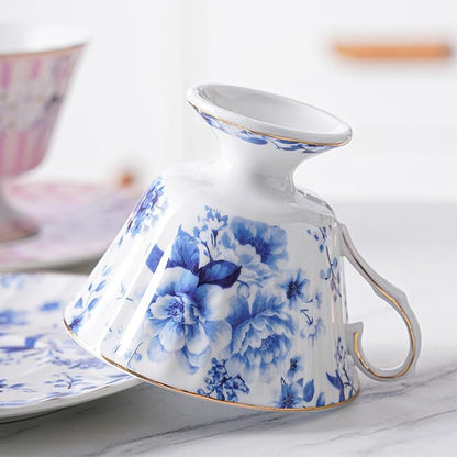 fanquare 5oz Retro Blue and White Roses Tea Cup and Saucer | Vintage Floral - Image 5