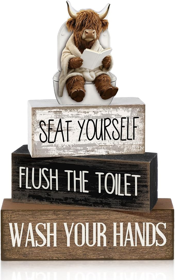 Moucuny 4 Pcs Highland Cow Bathroom Decor Set Funny Rustic Wooden Tiered Tray by Moucuny