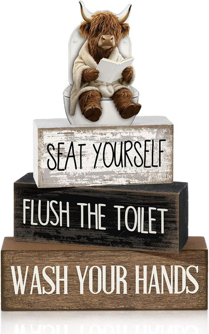 Moucuny 4 Pcs Highland Cow Bathroom Decor Set Funny Rustic Wooden Tiered Tray by Moucuny